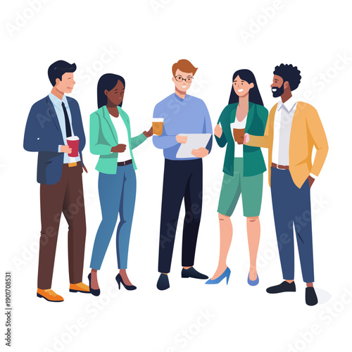 Different business team members standing, talking, communicating, taking part in business activities, meeting, brainstorming, coffee break. Multiracial people vector illustrations isolated.
