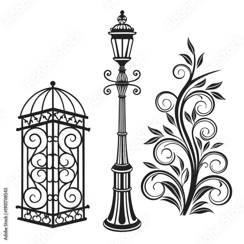 Elegant black and white illustration of vintage street lamp and ornate wrought iron fence