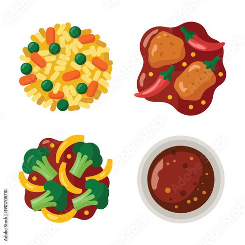 Street food festival icons, salad bowl, fried chicken pieces, stir fry platter, dipping sauce, tasting passport, chef demo session