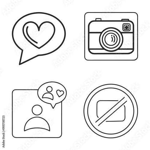 Four icons representing social media interactions and restrictions