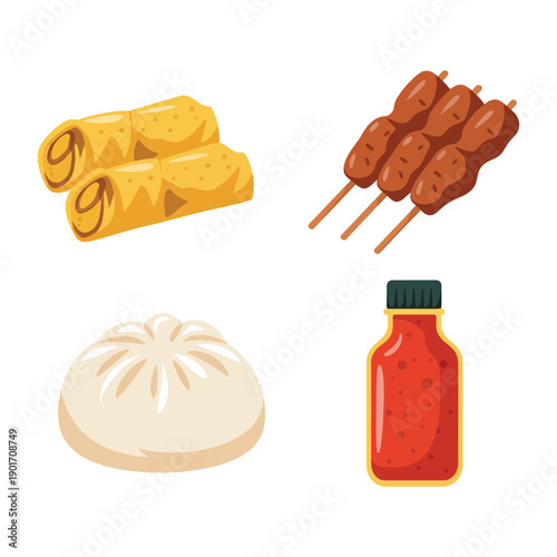 Asian street food festival icons, spring rolls, satay skewers, bao bun, hot sauce bottle, market tasting session, culinary event vector