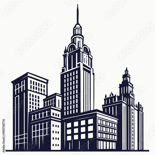 A detailed illustration of a city skyline featuring tall buildings and skyscrapers