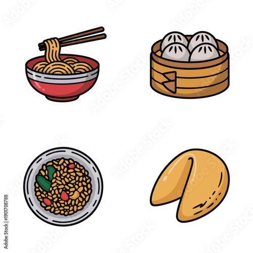 Lunar new year food icons, noodle bowl with chopsticks, dim sum basket, fortune cookie, tasting session, cultural cuisine vector