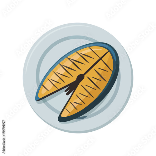 Grilled fish fillet on plate illustration, tasty seafood dinner icon for restaurant menu, nutrition article, cooking class promotion graphic