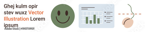 Data analytics, emotional well-being, agriculture, market growth, happiness, user interface. Features a chart, happy face and seed icon with a dotted line. Data analytics and emotional well-being
