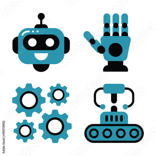 Factory automation icons with robot face, mechanical hand, gears, conveyor belt, engineering toolkit vector for robotics competition, STEM classroom design