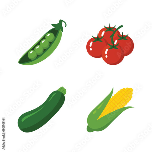 Summer vegetables icons set with peas, tomatoes, zucchini, corn, farmers market banner, harvest festival poster, salad workshop session, tasting table