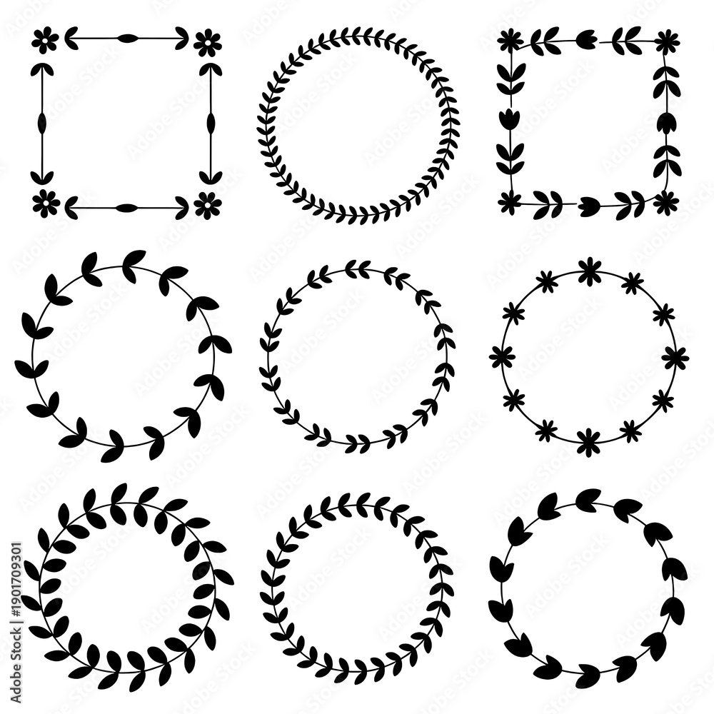 Fototapeta premium Vintage Floral Borders and Frames: Hand-Drawn Foliage Design and Vector Illustrations for Creative Wedding Invitations
