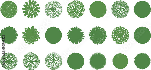 Green tree top view vector set, aerial bush canopy collection, landscape garden foliage elements, forest park design illustration