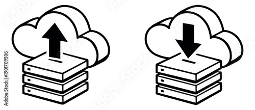Line art cloud storage icons set featuring data upload and download arrows with server stacks for modern technology and internet services