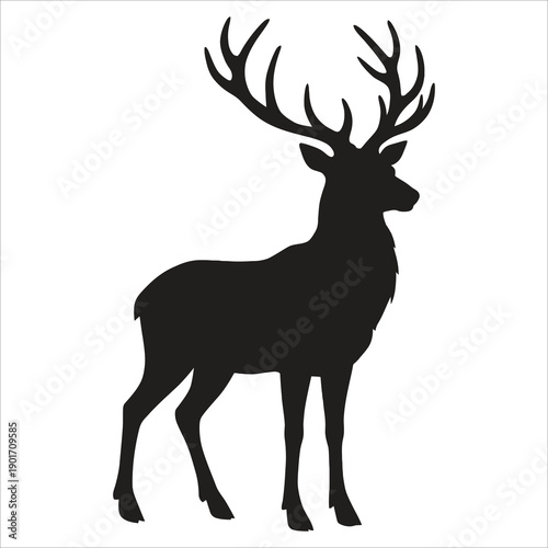 This high-contrast image displays the solid black silhouette of a stag, or male deer, against a plain white background. The deer is standing in profile, showcasing its large, branching antlers. 