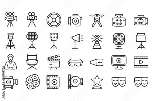 Black and White Cinema and Media Production Line Icons Collection