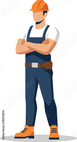 Illustration of a construction worker with arms crossed wearing protective gear