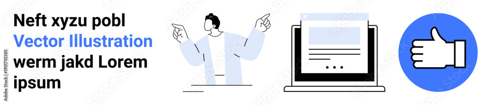 Obraz premium Online education, digital marketing, web design, content approval, tutorials, user interaction. Man gesturing, laptop with a webpage thumbs up icon. Online education and digital marketing concept