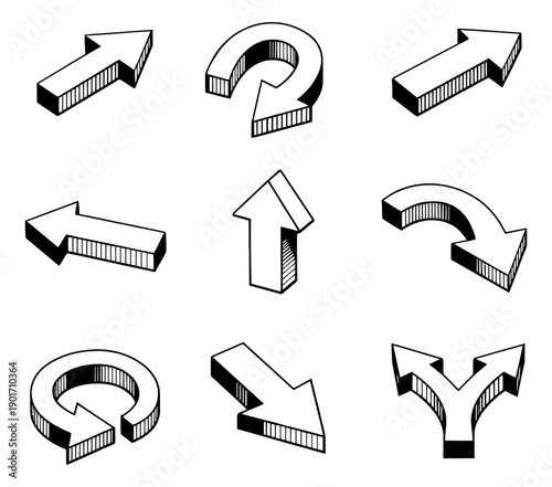 Hand drawn line art isometric arrows set featuring various directional indicators for user interface design