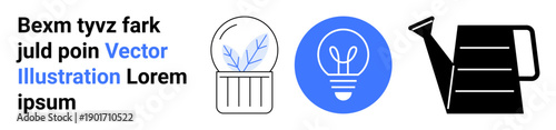 Sustainability, plant growth, eco energy, gardening tools, renewable resources, modern icons. Icon set a plant in a bulb, an illuminated light bulb and a watering can. Sustainability and plant