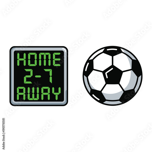 Stadium scoreboard with soccer ball icon for match operations manual, timekeeping workshop session, scoreboard operator training materials and certification