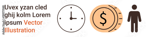 Time management, personal finance, business strategy, human resources, productivity, economy. Clock, dollar coin and humanoid figure. Time management and personal finance concepts