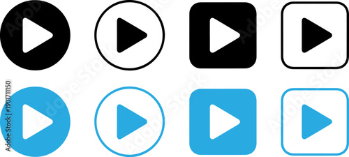Play button icons in various colors and shapes for multimedia