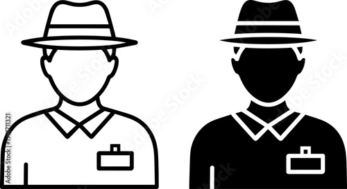 Modern line icons of two faceless business people wearing hats and badges