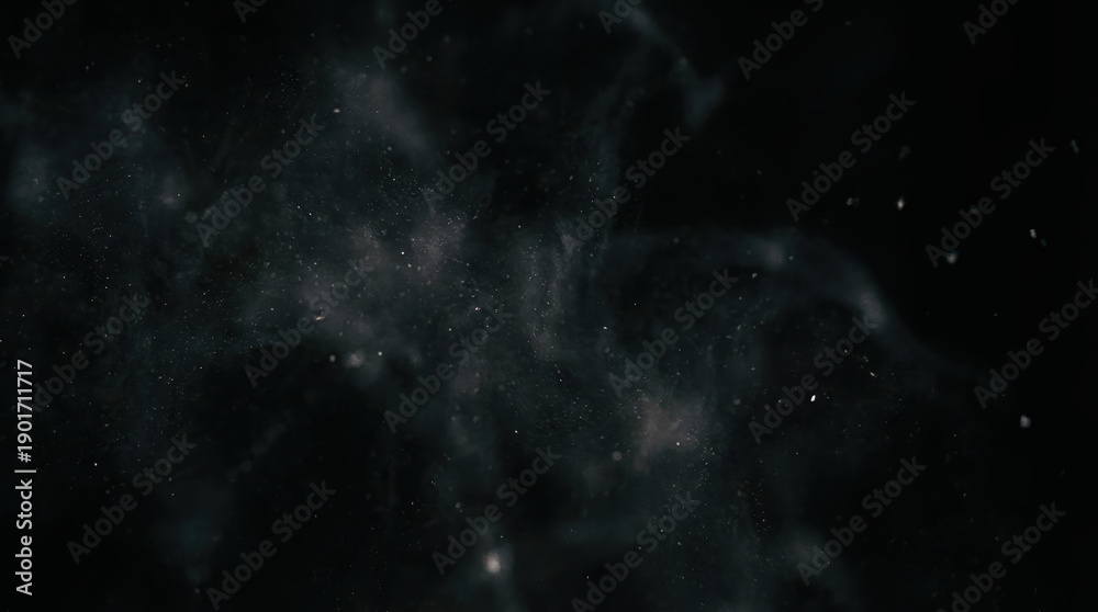 Fototapeta premium Smoke dust particles mist abstract background dark ethereal cinematic overlay texture featuring atmospheric fog and mysterious starry cosmos nebula for mystical creative design projects.