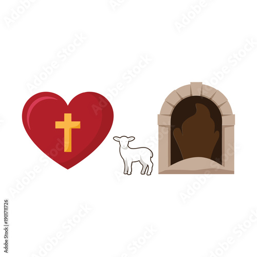 Heart with cross, lamb and open tomb icons for Easter Sunday resurrection, church bulletin, childrens lesson, faith education graphics