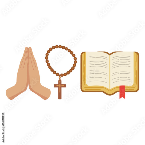 Prayer hands with rosary and open bible icons for church prayer meeting, devotion guide, religious education, Sunday worship materials