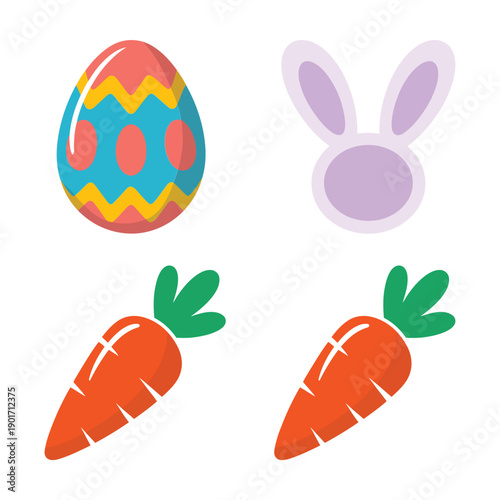 Easter party icons, patterned eggs, bunny ears headband, garden carrots, spring fair poster elements, family egg hunt session vector