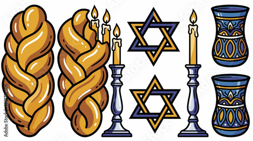 Shabbat Symbols Illustration Set: Challah Bread, Star of David, Candlesticks, and Kiddush Cup. Jewish Culture and Holiday Vector Icons.