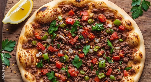 Delicious turkish lahmacun pizza with fresh herbs and lemon