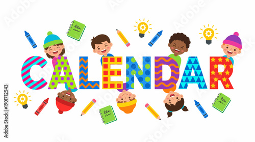 Fun Calendar Typography with Diverse School Kids and Bright Art Supplies. Educational Vector Illustration.