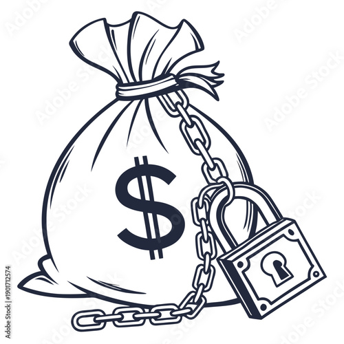 Bag of money with dollar sign and locked chain padlock