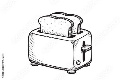 The vector artwork presents a toaster with bread mid-toast, highlighting daily kitchen activity, warmth, and the small joyful moments found in a simple breakfast scene.