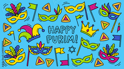 Happy Purim! Colorful Doodle Vector Pattern with Festive Carnival Masks, Hamentaschen Cookies, Crown, and Jester Hat Background.
