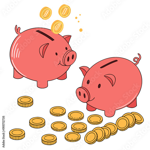 Cartoon piggy banks and coins cartoonish