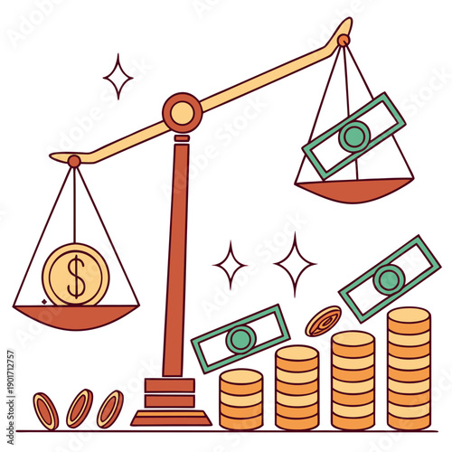 Cartoon style of a balance scale with a coin on one side and bills on the other with stacks of