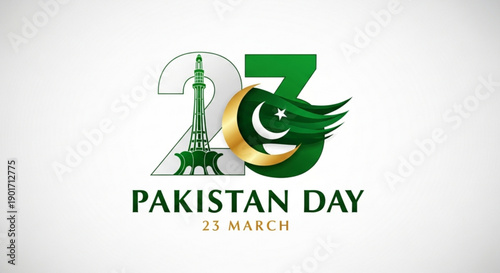 Pakistan day celebration logo with minar e pakistan and flag elements on white background