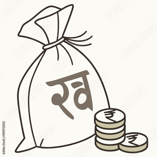 Indian rupee coin stack and money bag coins currency
