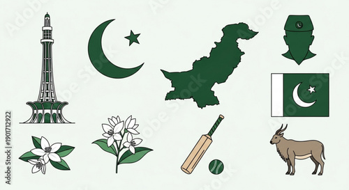 Pakistan national symbols and landmarks in green and white including map flag and cultural icons on a light background