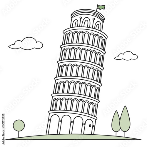 Leaning Tower of Pisa with Flag and Trees Italy landmark