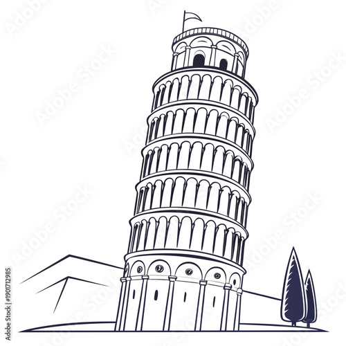 Leaning Tower of Pisa with trees and mountains Italy