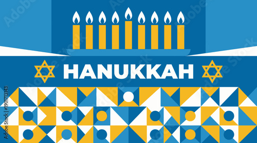 Hanukkah Celebration Vector Banner with Geometric Design, Menorah, and Star of David in Blue and Gold