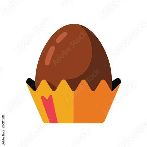 Large chocolate easter egg in cupcake wrapper, sweet holiday dessert icon for bakery promotion, party invitation, spring celebration design