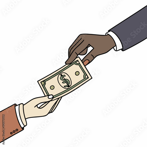 Two hands exchanging a dollar bill exchanging money