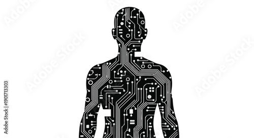 Human Body Silhouette Filled with Circuit Board Patterns Illustrating Technology Integration