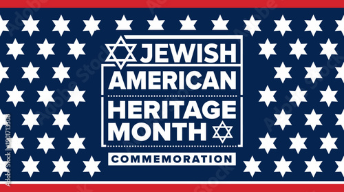 Jewish American Heritage Month Commemoration Banner. Star of David and US Flag colors celebrating American Jewish identity and history.