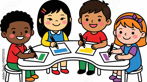 Diverse Group of Kids Drawing and Learning Together at School, Cartoon Illustration of Elementary Education and Childhood Fun.