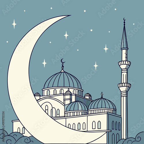 Crescent moon shining above mosque domes and minaret at night