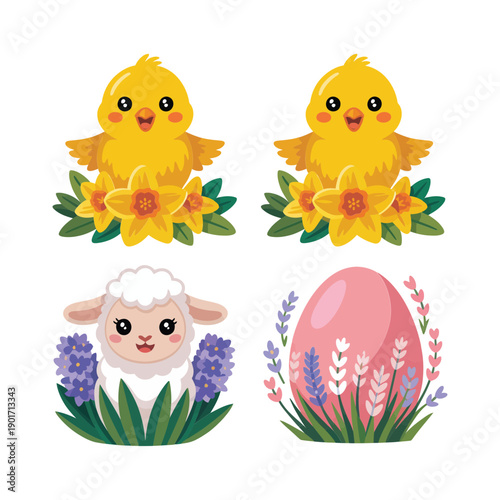 Spring chicks with daffodils and lamb beside decorated egg, easter garden vector for greeting card, nursery poster, seasonal celebration design