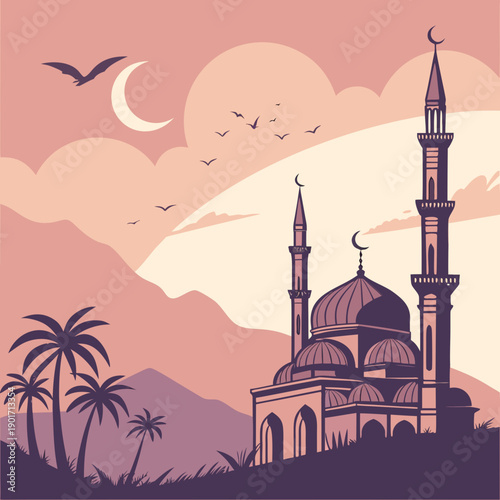 Dreamy sunset mosque landscape with moon and clouds